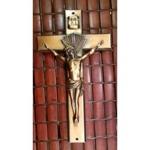 Vintage Parsons Curved Bronze Crucifix Casket Topper  14"x8"